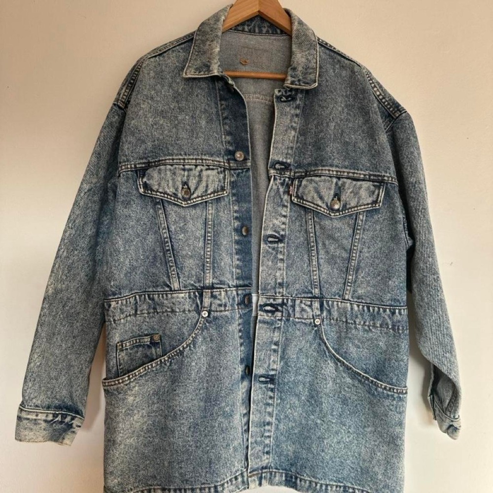 Vintage 80s Levis Acid Wash Denim Chore Jacket Barn Duster Trucker Coat L XL